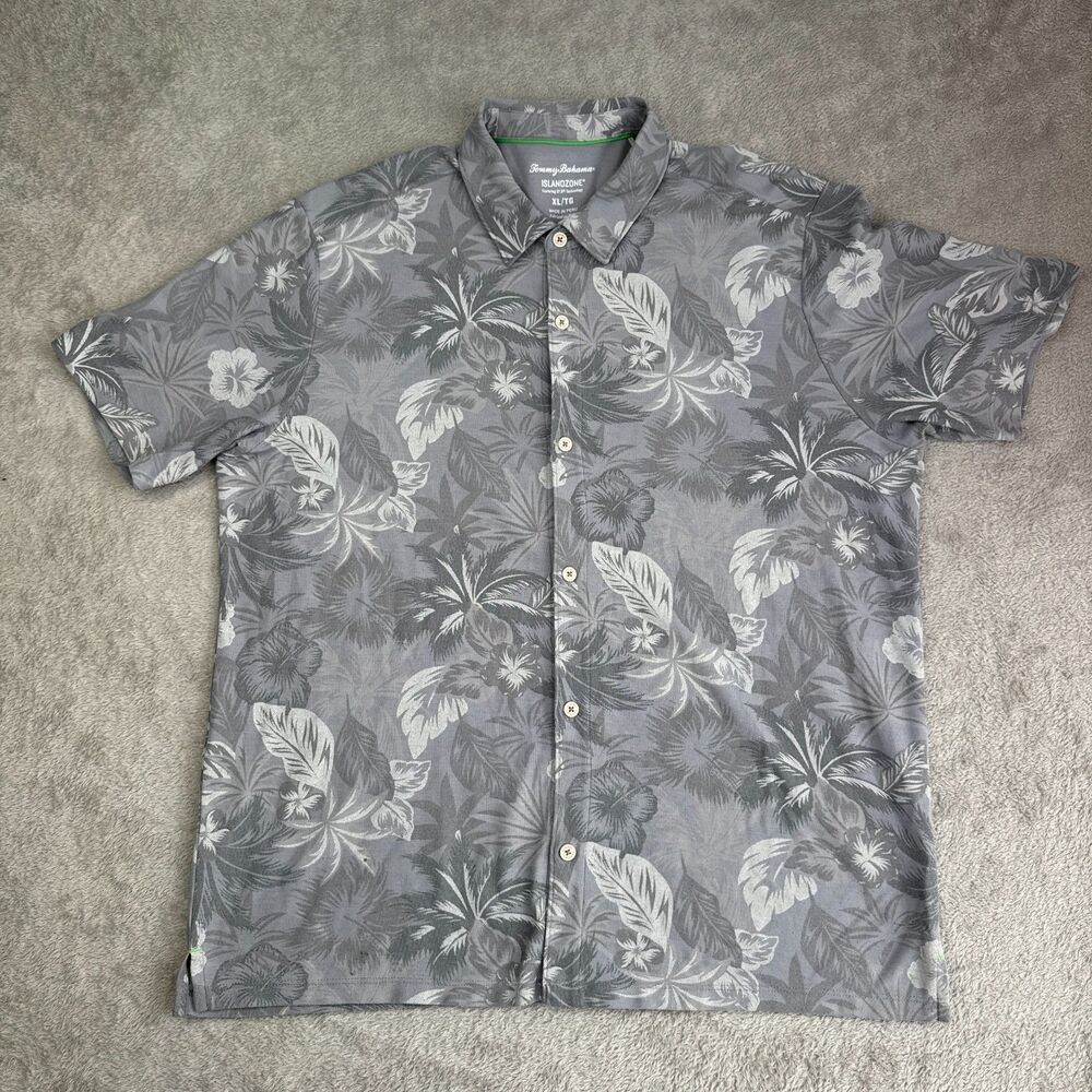 Tommy Bahama IslandZone Shirt Mens XL Gray Floral Side Slit Button Up Casual